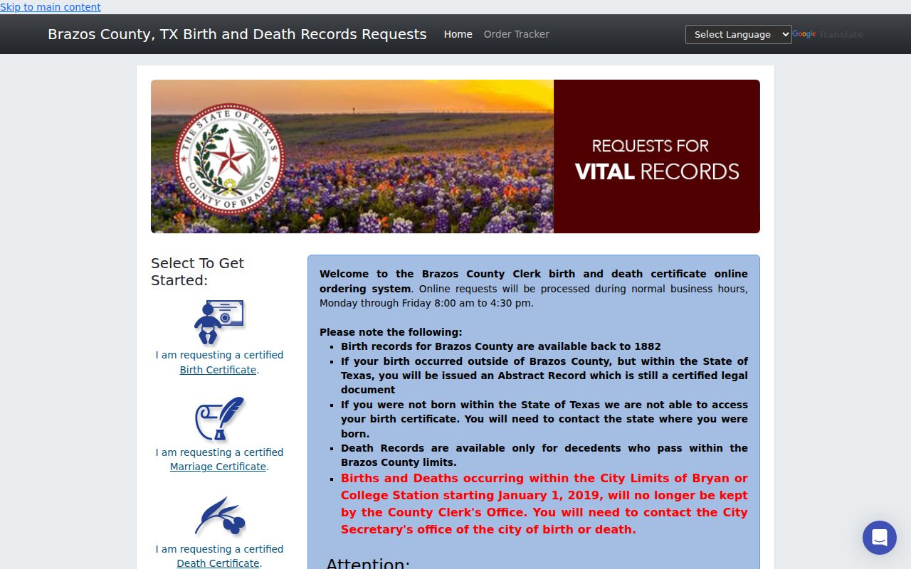 Brazos County residents directory vital record ordering portal