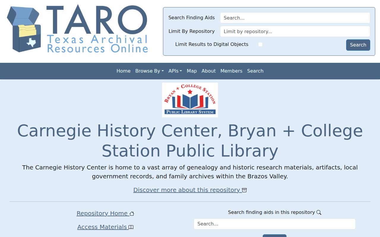 Brazos County previous residents TARO Carnegie History Center finding aids