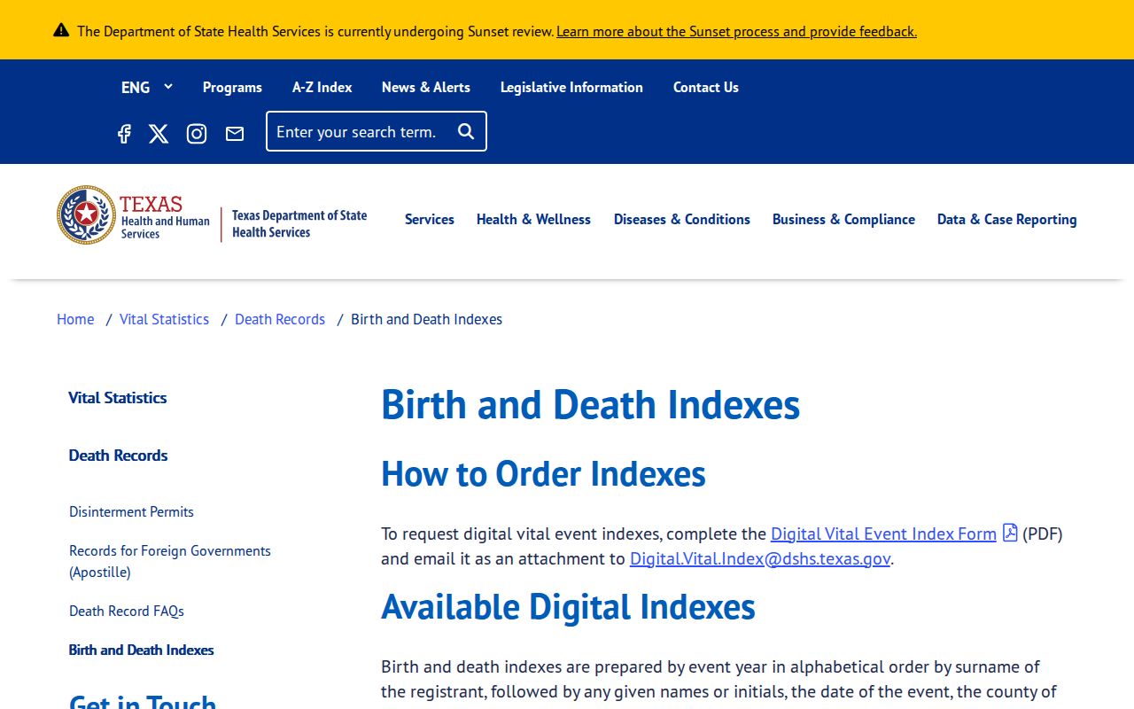 Brazos County resident lookup Texas DSHS birth and death index page