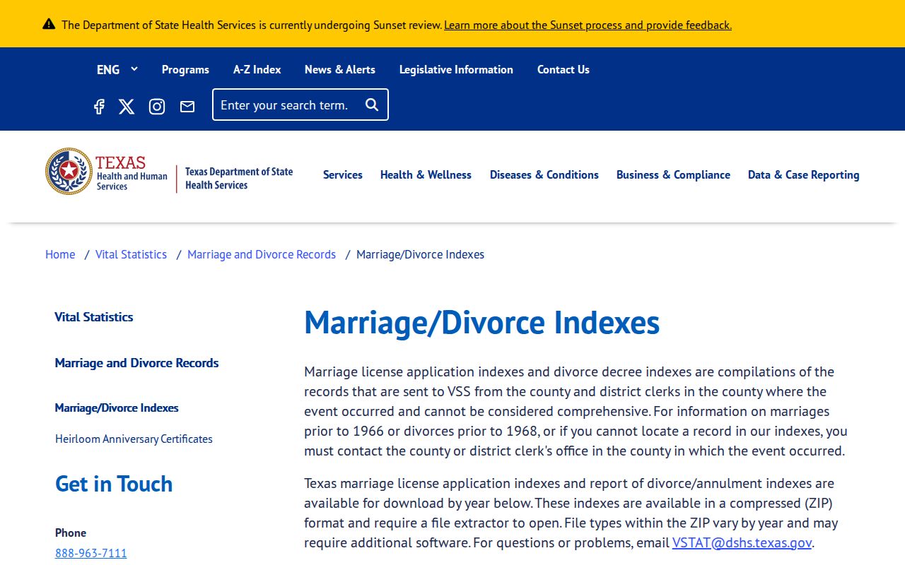 Brazos County resident lookup Texas DSHS marriage and divorce index page